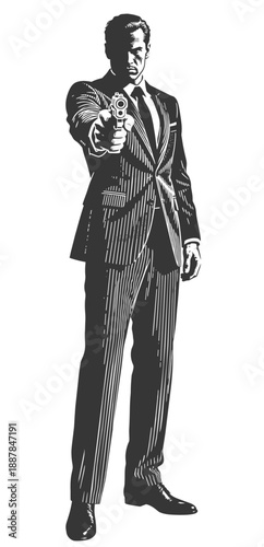 Man in Suit Pointing Pistol Forward in Vintage Noir Style Vector Illustration