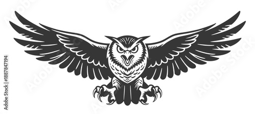 Majestic Owl with Spread Wings and Fierce Expression, Black and White Vector Illustration