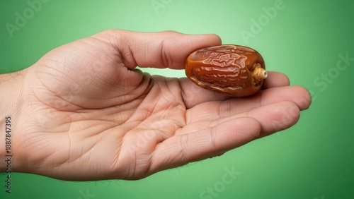 Presented date fruit resting delicately on a human palm against green backdrop plainness
