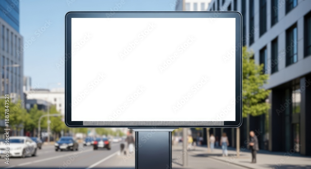 Fototapeta premium Blank billboard on city street with modern buildings and busy traffic
