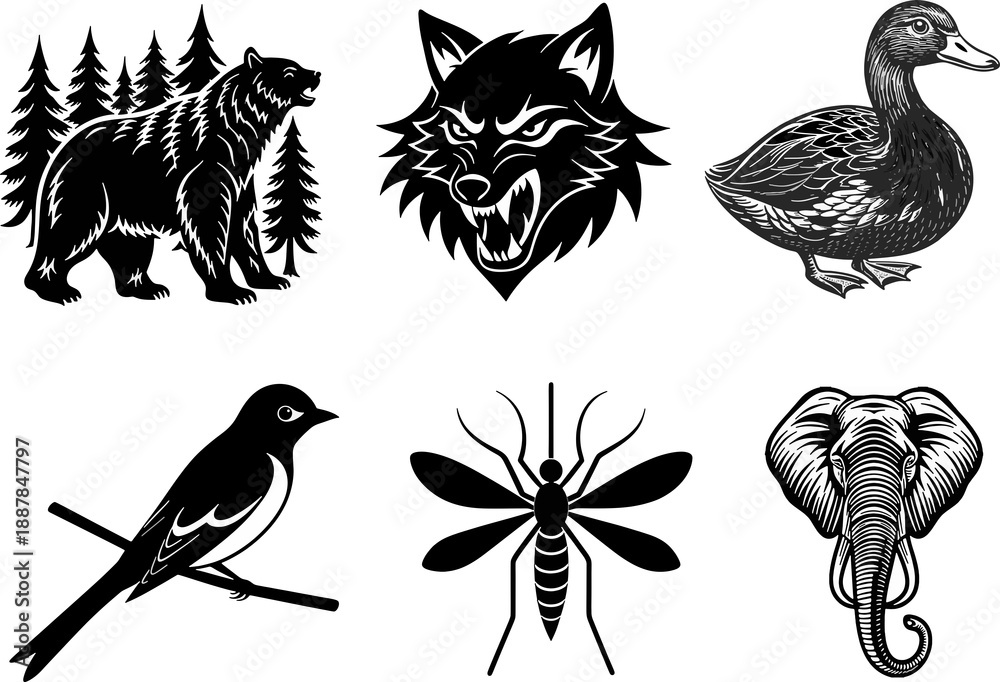 Obraz premium Black animal icons, wildlife symbols, vector illustrations, 6 pcs
