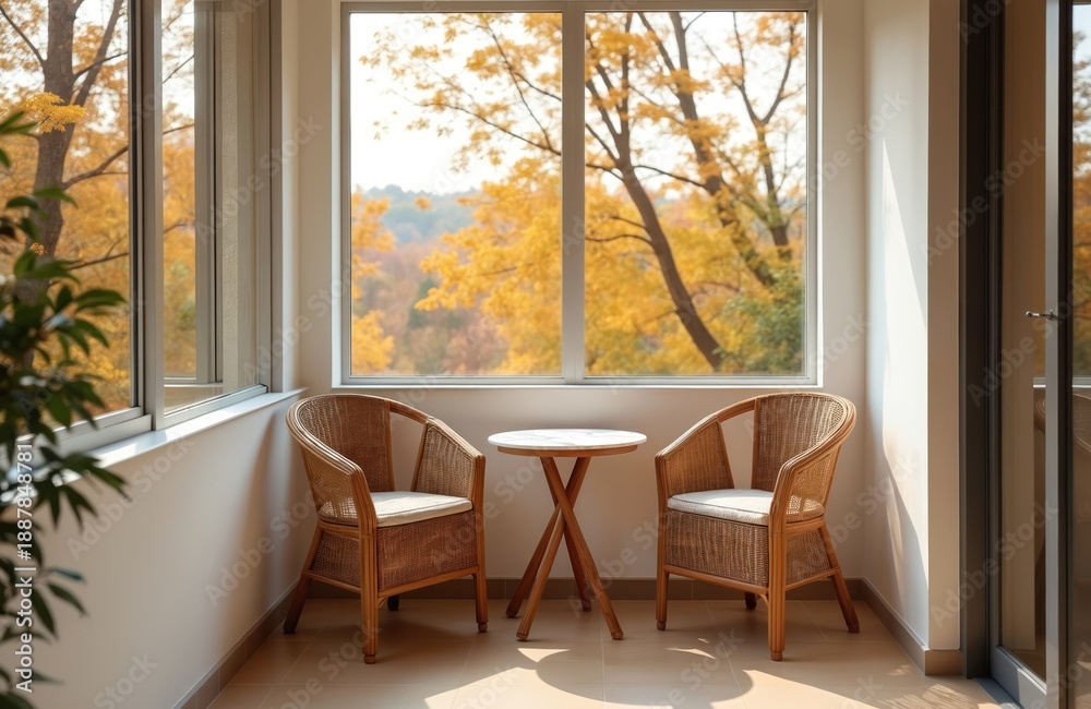 Fototapeta premium Two rattan chairs and small table on hotel balcony. Autumn forest view with yellow trees. Peaceful morning ambiance, tranquil atmosphere, outdoor relaxation space.