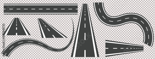 Curved and straight highway road elements isolated on transparent background, minimal flat vector illustration highway road set for map design, navigation graphics, game assets, urban transportation