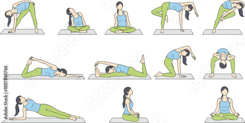 Yoga pose collection, female stretching exercises, balance flexibility training, wellness fitness routine, healthy lifestyle concept, flat vector illustration set