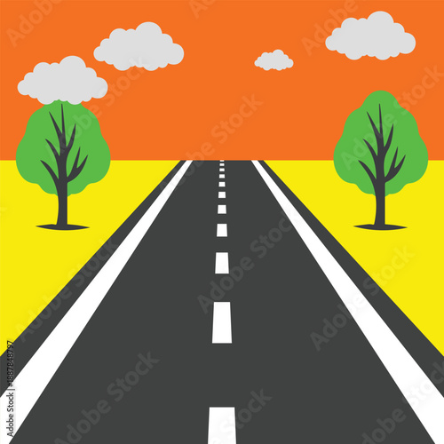 Modern highway road perspective leading to far away vector illustration,  minimal flat vector square design with  trees, cloud travel background concept poster banner, creative flat vector art