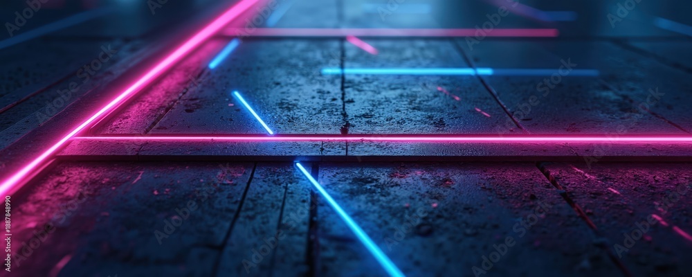 Fototapeta premium Futuristic concrete floor with bright pink and blue neon lines. Abstract glowing geometric shapes create a modern digital atmosphere in dark empty space. Tech art design.