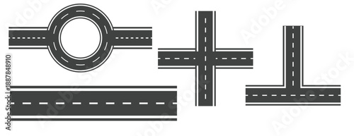 Curved and straight highway road elements isolated on transparent background, minimal flat vector illustration highway road set for map design, navigation graphics, game assets, urban transportation