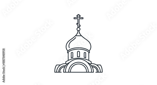 A minimalist line art illustration of a church with a cross on top, viewed from the front, featuring simple arches and a dome-shaped roof.