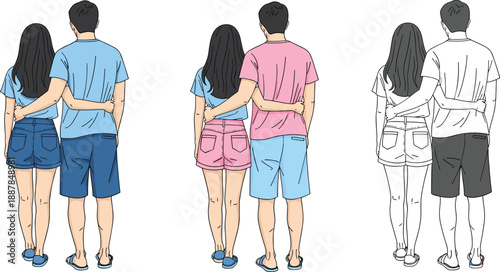Young couple walking together, back view illustration, casual summer outfits, romantic relationship, love bonding, flat vector style, modern lifestyle, concept