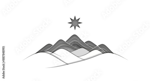 A stylized black and white illustration of mountain peaks under a star from a low viewpoint