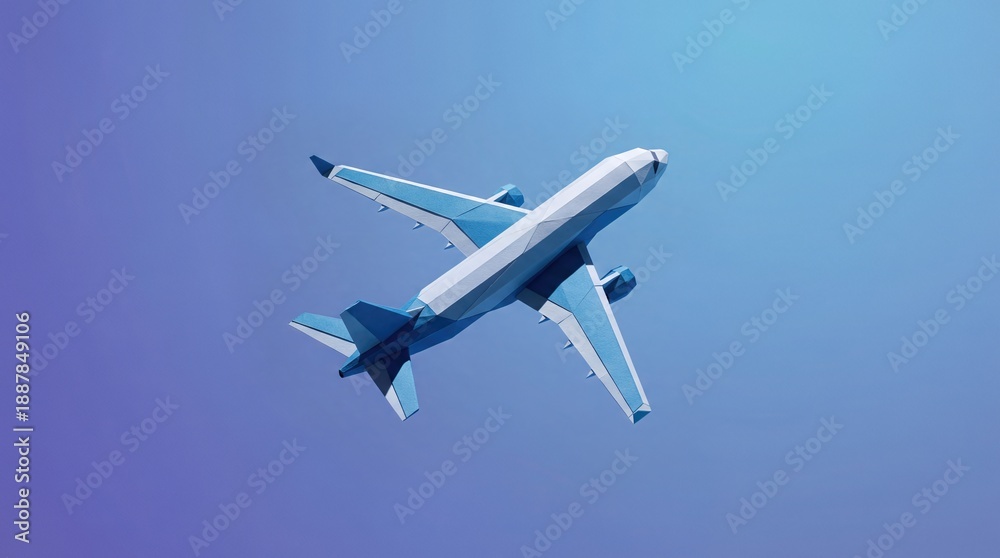Obraz premium Low Poly Airplane Flying Against Blue Gradient Sky
