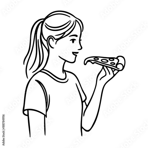 Dibujo sencillo con líneas de chica joven de perfil con porción de pizza de pepperoni en la mano 