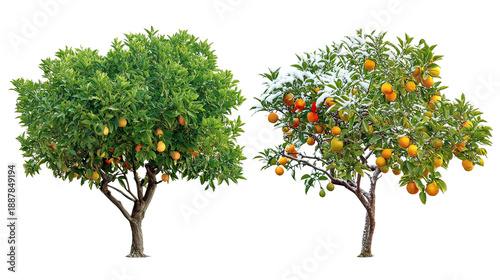 Two orange trees with fruit on transparent background