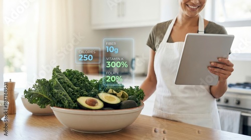 Woman using a digital tablet for recipe and tracking nutritional information like calories, fiber, vitamin k, and folate for healthy cooking with fresh vegetables