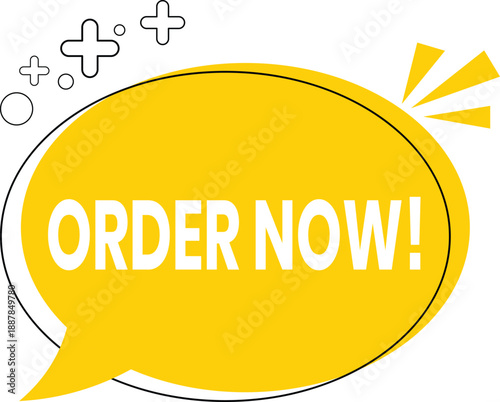Order now call to action speech bubble vector. Yellow promotional message badge with bold typography. Perfect for ecommerce ads, web banners, and conversion focused design.
