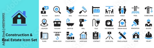 Construction and Real Estate Icon Set. Real Estate icon collection contain Purchase and sale of housing, builder, crane, rental of premises, insurance, measure, tool, home, painting roller, tool box