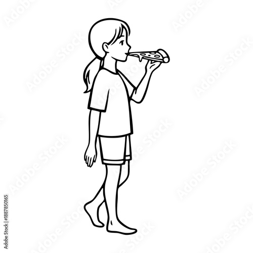 Dibujo sencillo con líneas de chica joven andando comiendo una porción de pizza de pepperoni con la mano 
