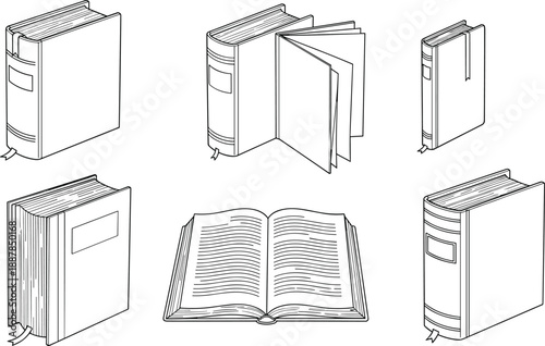 Book outline illustration set, closed and open hardcover books, line art collection for education, publishing, library concept vector design