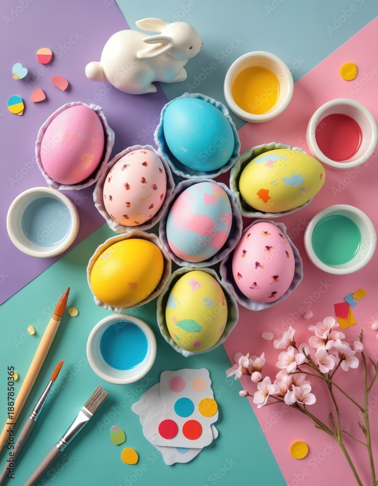 Fototapeta premium Easter eggs in pastel colors sit ready for decorating with paints, brushes. Spring flowers, bunny figure suggest festive family holiday activity. Creative craft supplies laid out for fun, hands-on
