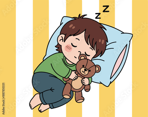 Cute baby boy sleeping with teddy bear, sweet bedtime illustration, peaceful child nap, nursery sleep concept vector art design cartoon