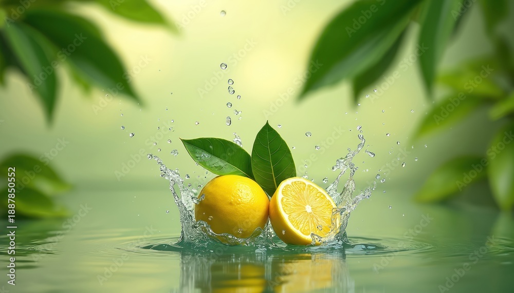 Fototapeta premium Whole and halved calamansi fruits splash into clear water surrounded by green leaves. This vibrant citrus display evokes freshness and healthy ingredients for natural drinks and food.