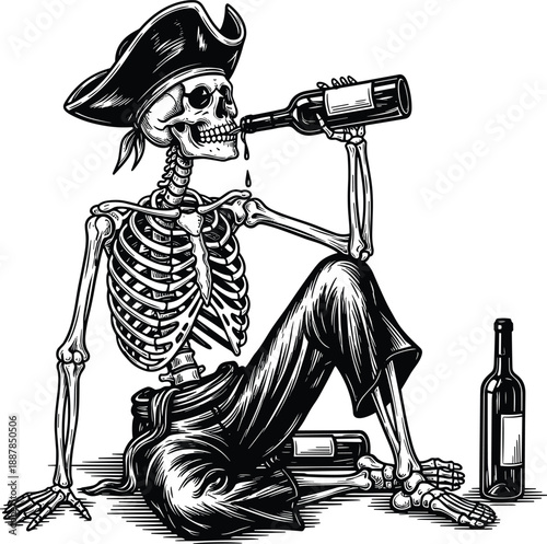 Pirate skeleton drinking rum illustration, vintage engraving style, spooky skull character, dark humor artwork, gothic Halloween concept vector design