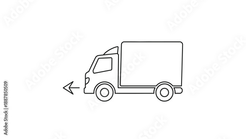 Simple black and white line art icon illustrating a delivery truck moving in reverse indicated by a prominent leftward pointing arrow symbol perfect for logistics planning or transport symbols