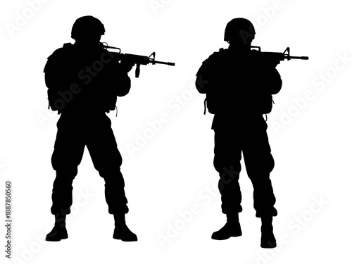 Armed military sniper in uniform aiming a rifle silhouette during combat target shooting