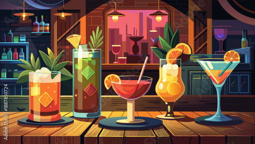 Very beautiful elegant cocktails placed on a wooden table in a dimly lit bar, creating a refined and atmospheric scene suitable for nightlife, luxury drinks, bar menus, and social concepts.