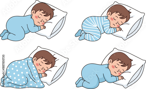 Cute sleeping baby set in different pajamas, peaceful infant sleep poses, bedtime routine illustration, adorable cartoon vector art