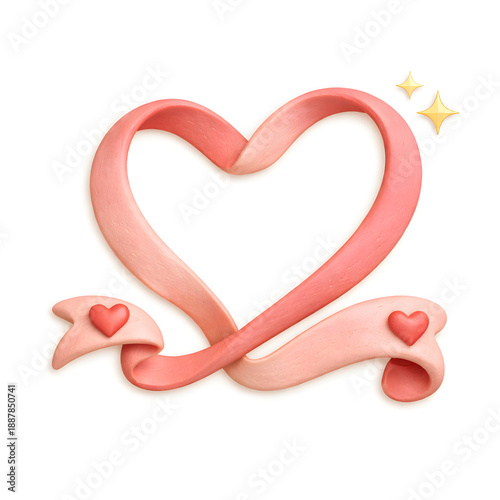 A charming 3D illustration of a pink ribbon forming a heart shape, adorned with small hearts and stars, symbolizing love and romance.