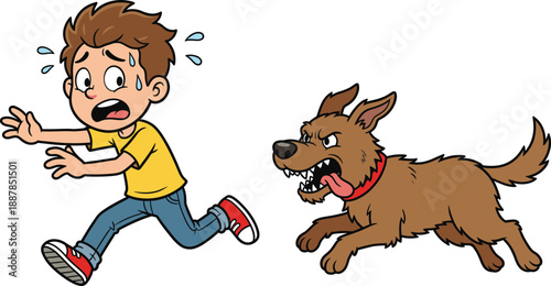 Scared cartoon boy running away from aggressive dog chase illustration showing danger fear panic motion childhood risk isolated on white background vector clipart design