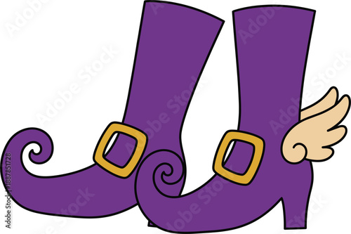 Whimsical purple elf boots illustration with curled toes and wing detail, fantasy footwear design for fairy tales, magic characters, holiday costumes, and cartoon style artwork