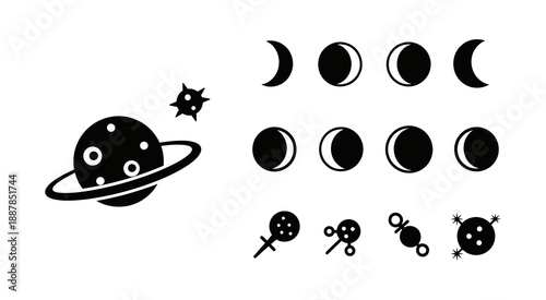A collection of astronomical icons featuring a ringed planet with a satellite and a series of lunar phase illustrations representing the cycle of the moon