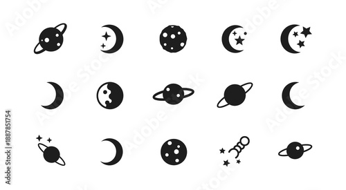 Set of celestial bodies and astronomical phenomena icons including planets, moons, and comets, perfect for space exploration and science themes