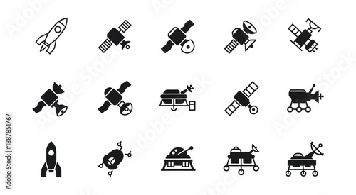 Collection of space exploration icons including rockets, satellites, and rovers for technology and science themes