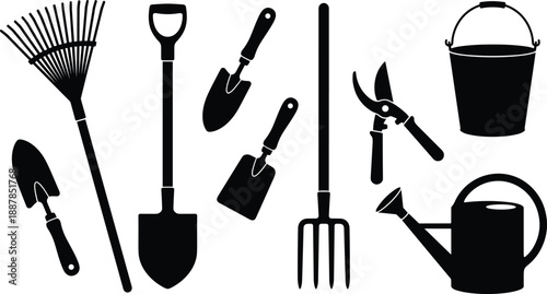 Black silhouette gardening tools set including shovel rake trowel pruners fork bucket and watering can isolated on white background for agriculture and garden maintenance illustration