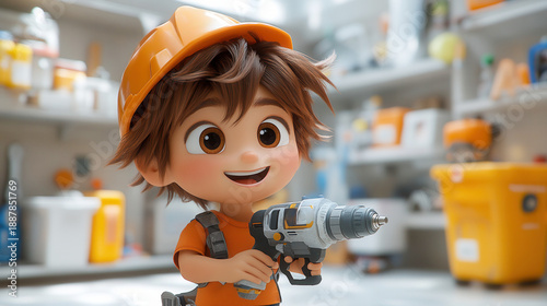 Adorable animated boy with short hair, wearing hard hat and holding drill in creative workshop background