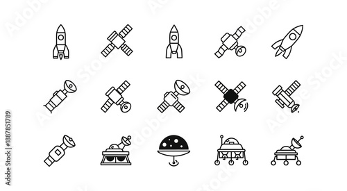 Collection of stylized vector icons representing various space exploration elements including rockets, satellites, and rovers for use in technology and science graphics