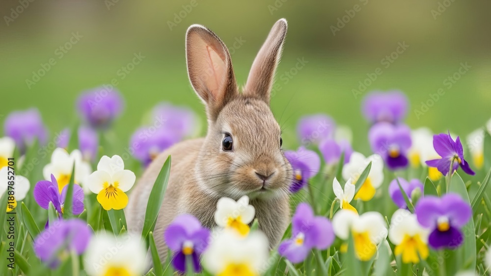 Fototapeta premium Cute fluffy rabbit peeking through colorful spring pansy flowers in meadow blooming garden portrait of small brown bunny in natural environment with purple yellow blossoms