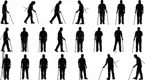 Blind man silhouettes walking with white cane, visually impaired people poses collection, accessibility and disability awareness icons, black human figures isolated on white background