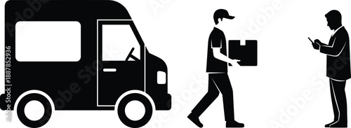 Courier delivery service silhouette illustration, truck and delivery man handing package to customer, logistics and shipping concept, last mile delivery icons isolated on white background