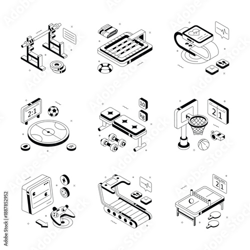 Well designed modern isometric illustration set of sports, fitness and game equipments