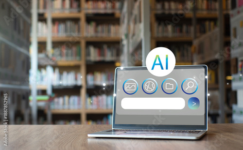 Fotografia Laptop with AI search engine on screen for finding information in library revolu