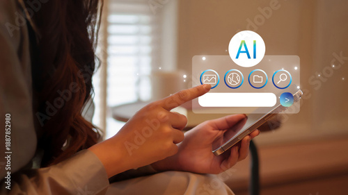 Tableau sur toile Woman using phone AI search function for image information retrieval with virtua