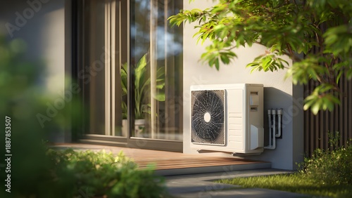 Air Source Heat Pump System Installed at Modern Residential Home Representing Sustainable, Clean, and Energy-Efficient Living
