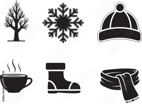 Winter Season Vector Icon Set - Snowflake, Warm Clothing, Hot Drink, and Nature Silhouettes
