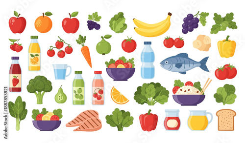 Healthy food and drink cartoon clipart vector collection isolated on white