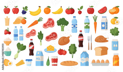 Cartoon food and drink vector set with grocery and healthy meal icons