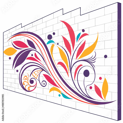 Colorful floral mural on brick wall